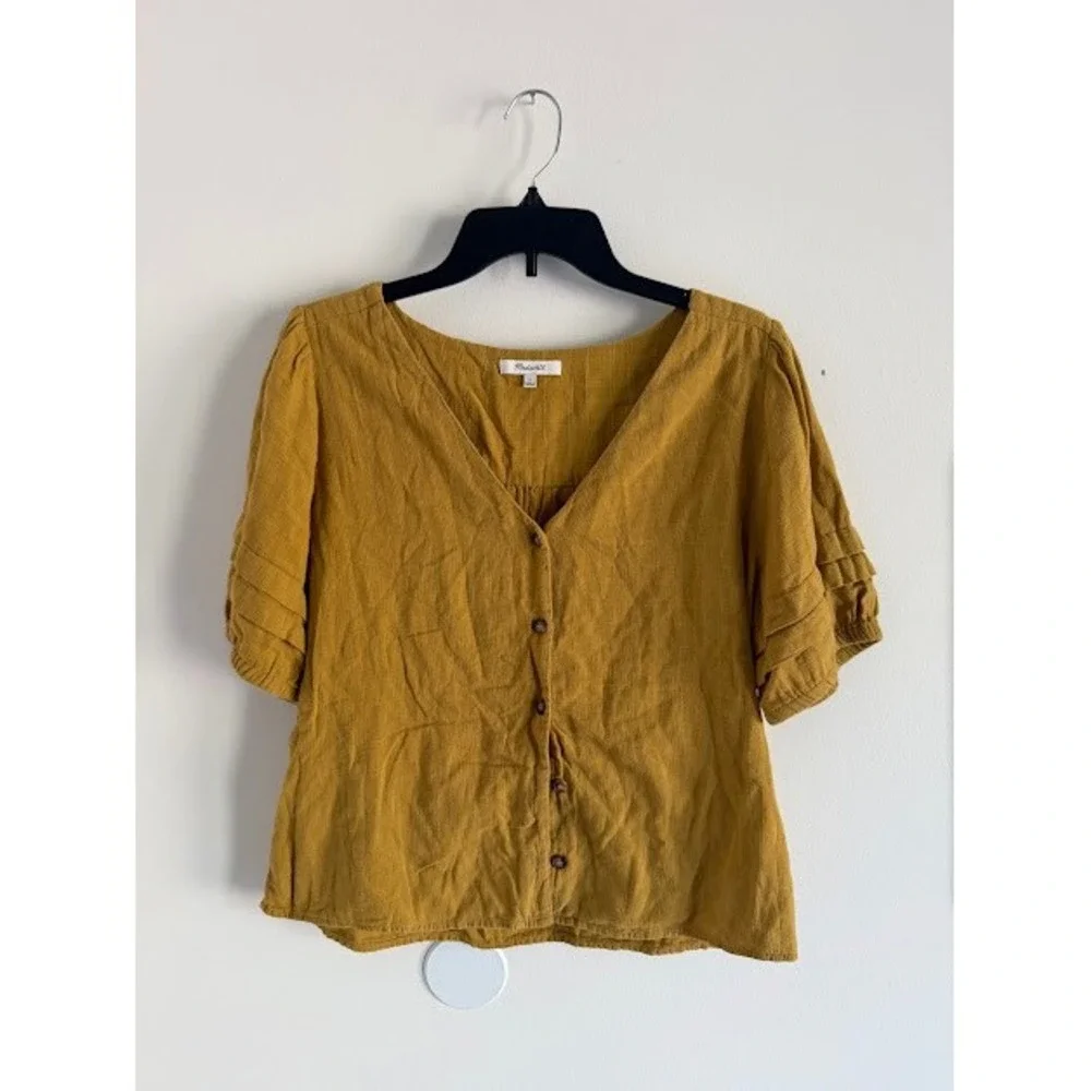 Boho Madewell Ruffle Sleeve Button Front Top Women Large Mustard Yellow